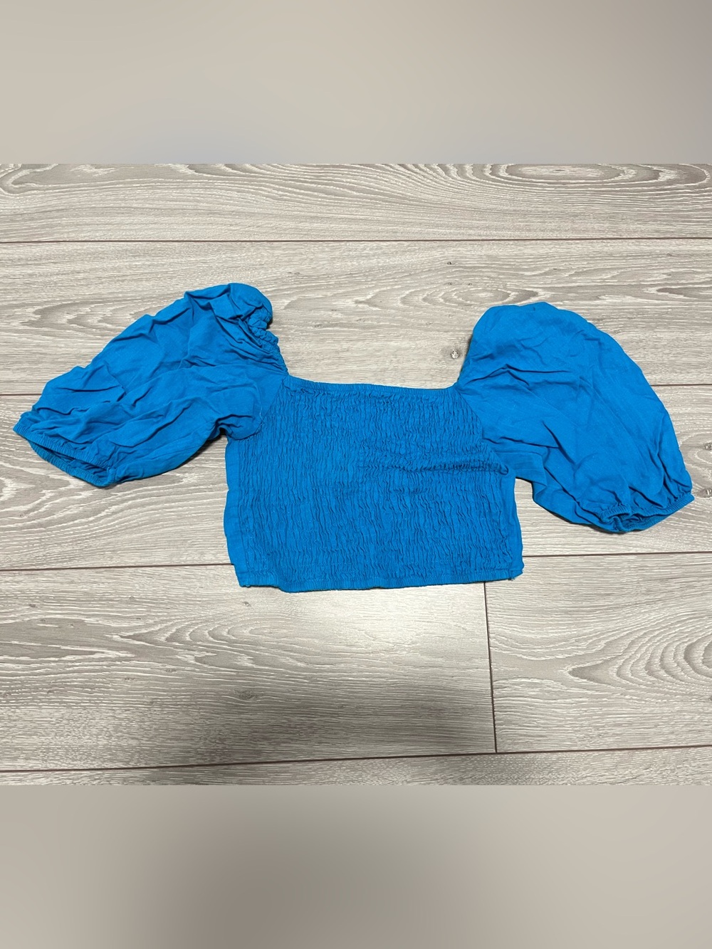 Zara Bright Blue Smocked Puff-Sleeve Crop Top